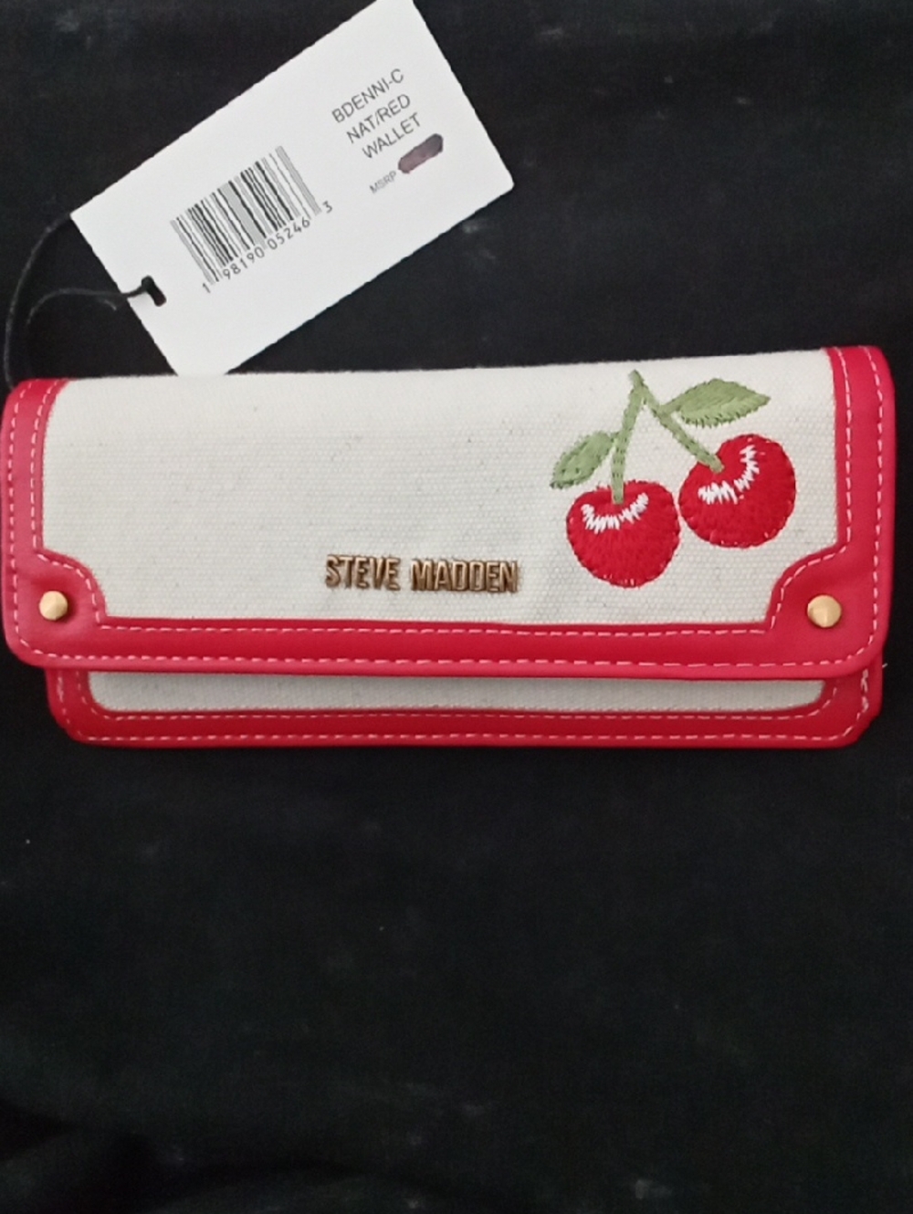 Steve Madden Cream Canvas Wallet with Red Trim & Cherry Embroidery